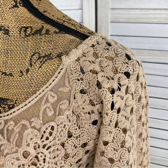 Kori Boho Cottagecore Crochet‎ Lace Hems Bell Sleeve Tunic Top Mocha Tan Small - Picture 8 of 14
